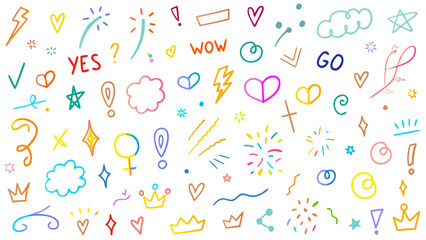Line icon cute element set. Doodle line color icon, stars, lightning bolts, crowns, arrows, hearts, banners. Vector illustration