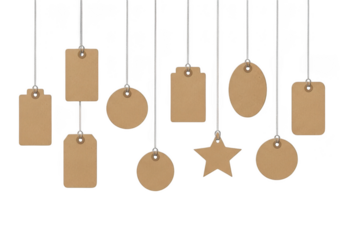 Hanging price tags and labels isolated on transparent background