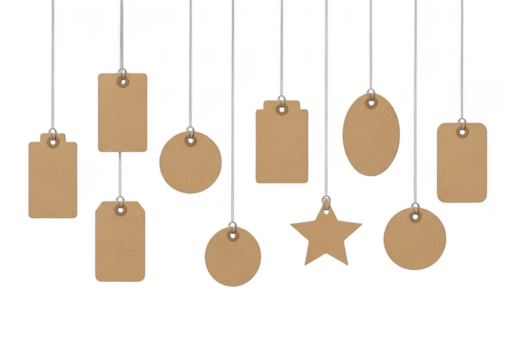 Hanging price tags and labels isolated on transparent background