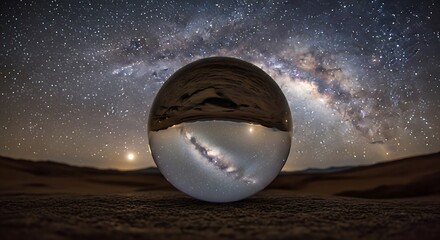 Stunning crystal ball captures breathtaking Milky Way galaxy in desert night sky, creating a magical cosmic reflection.