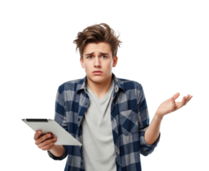 Confused teenager holding a tablet transparent background cutout png