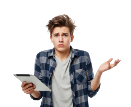 Confused teenager holding a tablet transparent background cutout png