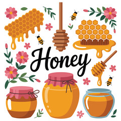 Sweet honey with bees, honeycomb, and jars are depicted in a colorful illustration.