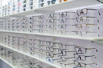 A wide variety of glasses in an eyeglass shop