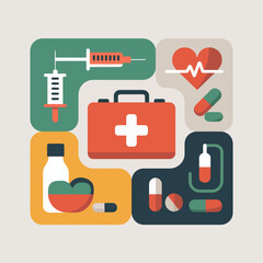 A collection of medical icons representing healthcare, medicine, and emergency services.