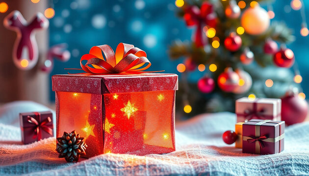 Nostalgic red Christmas gift box with retro patterns - Powered by Adobe