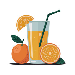 A refreshing glass of orange juice with fresh fruit and a straw.
