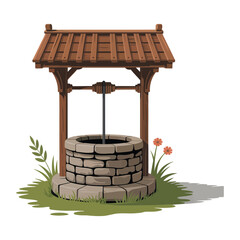 An old stone well with a wooden roof sits in a grassy area.