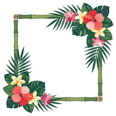 Tropical floral border with bamboo elements and green leaves