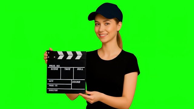 Beautiful blonde studio assistant closing clapperboard and smiling, isolated on green screen for a flawless chroma key