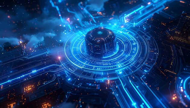 Glowing circuit board with central cylinder, radiating blue energy lines across a cityscape under a cloudy sky