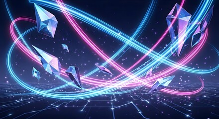 Abstract futuristic neon light trails intertwining with geometric crystal shards in dark digital space