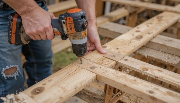 A person using a power drill to fasten wooden planks together, showcasing a woodworking project in progress.
