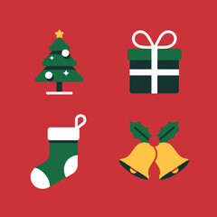 A Christmas tree, gift, stocking, and bells are displayed on a red background.