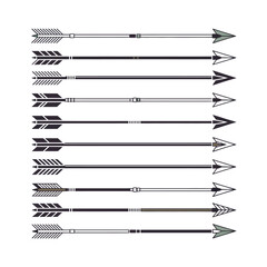 A collection of ten arrows with different fletching and arrowhead designs arranged horizontally.