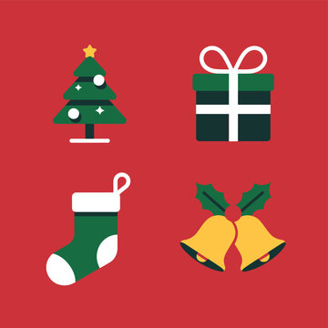 A Christmas tree, gift, stocking, and bells are displayed on a red background.
