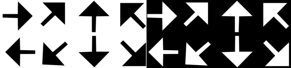 Versatile collection of stylized, geometric arrows in both black and white, presented on a split background for flexible integration into dark and light mode designs; this image for graphic design.