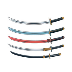 A collection of five diverse samurai swords displayed against a white background.