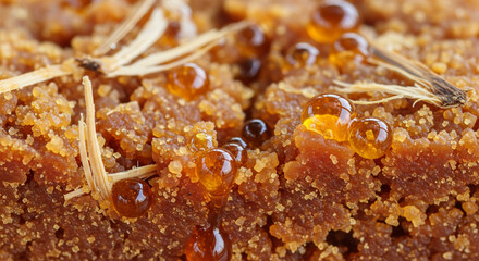 Extreme Macro of Pine Rosin with Amber Resin Droplets
An extreme macro close-up shot capturing the granular, textured surface of pine rosin (colophony)