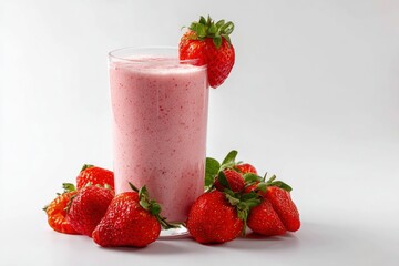 A strawberry smoothie in a tall glass with strawberries