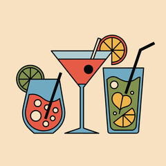 Three colorful cocktails with garnishes are arranged on a light background.