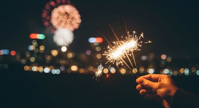 Hand holding a sparkling sparkler against a blurry bokeh background of city lights and fireworks