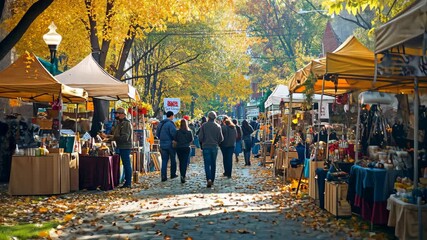 Vibrant autumn market with stalls showcasing crafts and local goods in a scenic park setting