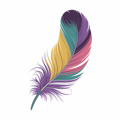 A vibrant, multicolored feather with delicate filaments stands out against a white background.