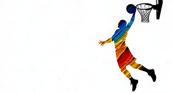Dynamic silhouette of a basketball player in mid air performing a slam dunk with colorful abstract design
