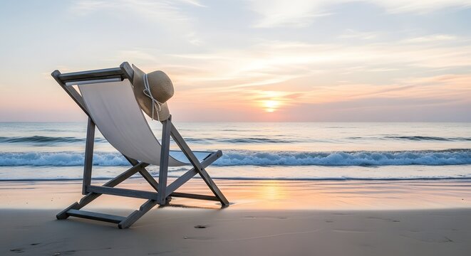 Empty beach chair facing the ocean sunrise with soft pastel sky and gentle waves