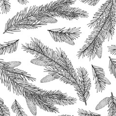Seamless vector pattern with Spruce Branches and cones. Illustration of Background for Christmas wrapping paper or Xmas winter botanical textiles. Backdrop for vintage festive surface design projects.