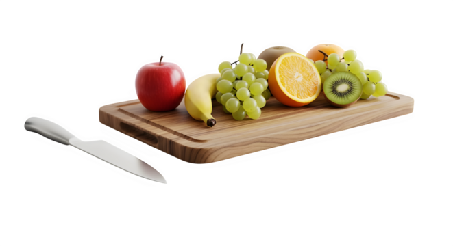 A vibrant assortment of fresh fruits, including apples, bananas, oranges, kiwis, and grapes, artfully arranged on a rustic wooden cutting board