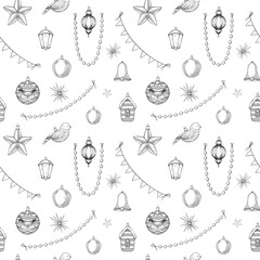 Seamless vector pattern with Christmas ornaments, stars, and garlands. Illustration of background for Xmas festive wrapping paper. Linear backdrop for vintage holiday textiles or surface design.
