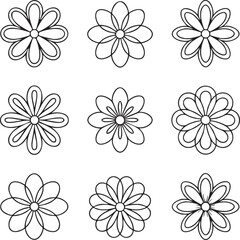 Obraz premium Nine black outline flower icons on white background