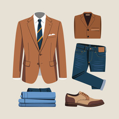A neatly arranged collection of men's casual and formal attire is displayed.