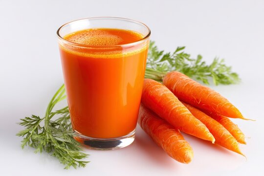Carrot juice in a clear glass accompanied by a bundle of fresh carrots with leafy greens all on a white surface - Powered by Adobe