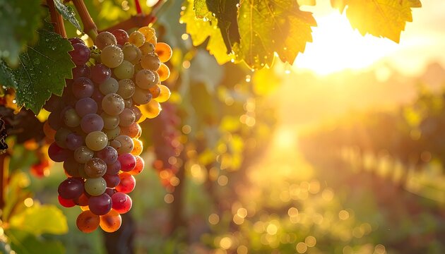 Grapes on vine, sunlit rows blur in the background at dawn. Dew clings to leaves, highlighting vineyard rows