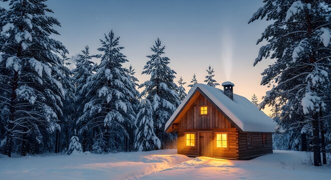 Cozy wooden cabin nestled in a snow covered pine forest at dusk with warm light glowing from windows