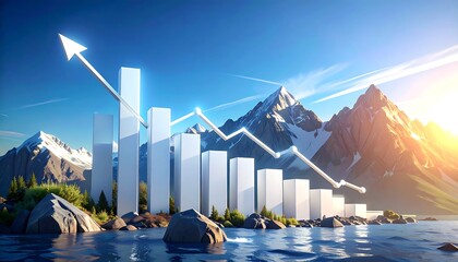 Naklejka premium Graph bars rising over water, arrow pointing up. Mountain range and sky background. Light and bright setting