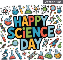 Happy Science Day with Colorful Science Icons and Rocket