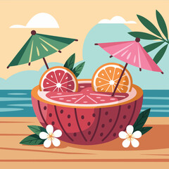 A refreshing summer fruit cocktail served in a grapefruit with umbrellas and flowers.