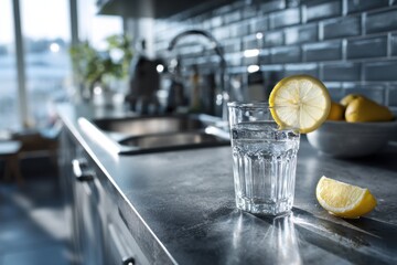 Clean kitchen counter with glass of water after party morning, dry January