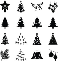 Christmas tree icon set with star, lights, and ornaments
