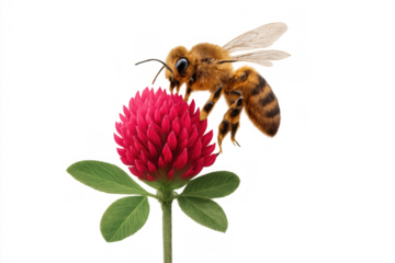 Honey bee collecting nectar from a vibrant red clover flower, actively pollinating in a natural environment