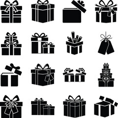 Gift box icon set with ribbon, tag, and bow for holidays