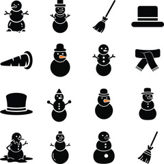 Snowman icon collection with accessories like hat and broom