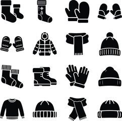 Sock, mitten, scarf, and hat icon set for winter clothing