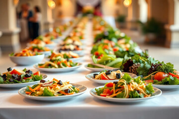 Buffet in a restaurant with vegetable salads. Delicious vegetable food