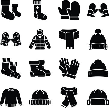 Sock, mitten, scarf, and hat icon set for winter clothing