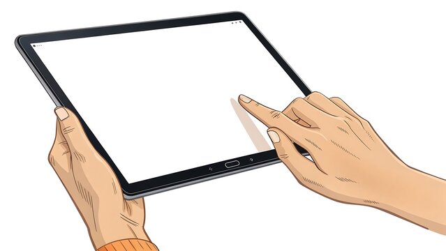 Hands holding and using a tablet device with a blank screen - Powered by Adobe